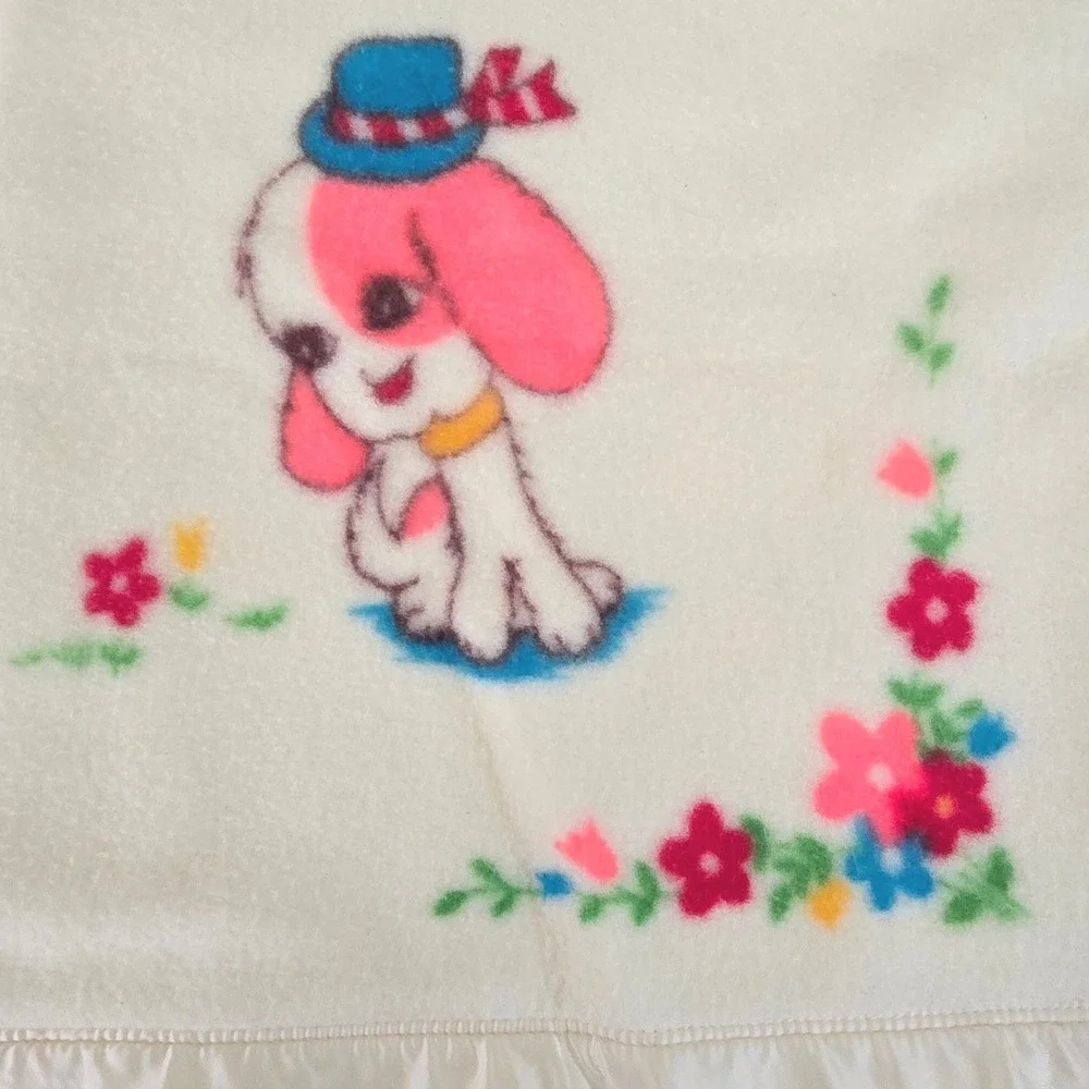 Vintage Satin Trim Infants Baby Blanket Cream Yellow Animal‎ Theme Taiwan